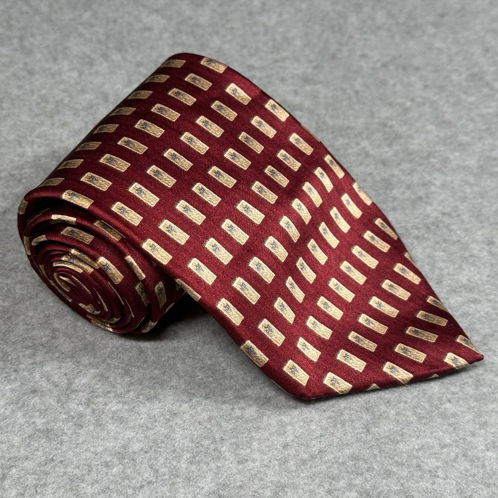 Umberto Bossi Silk Tie Burgundy Gold Geometric Vintage Italian Handmade 56x3.5in